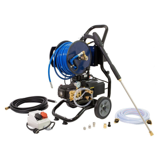 Industrial-grade high-pressure washer for pipe flushing.